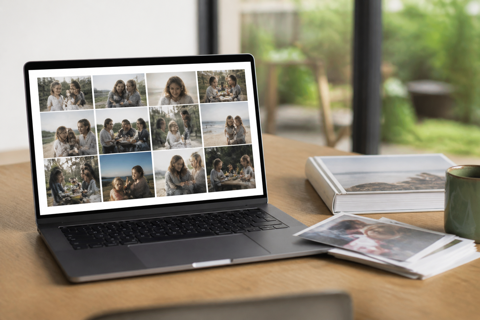Un ordinateur portable affichant une grille de photos de famille, à côté d'un disque dur externe et d'un carnet.