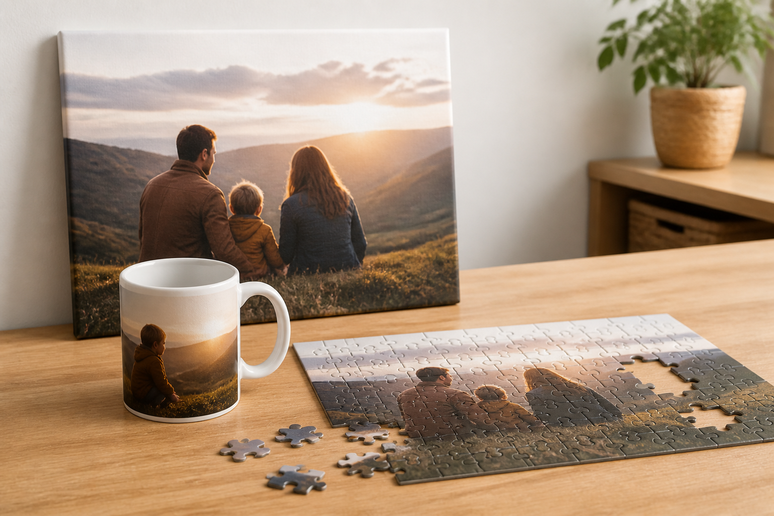 Une toile imprimée, un mug et un puzzle photo posés côte à côte sur un plan de travail en bois.