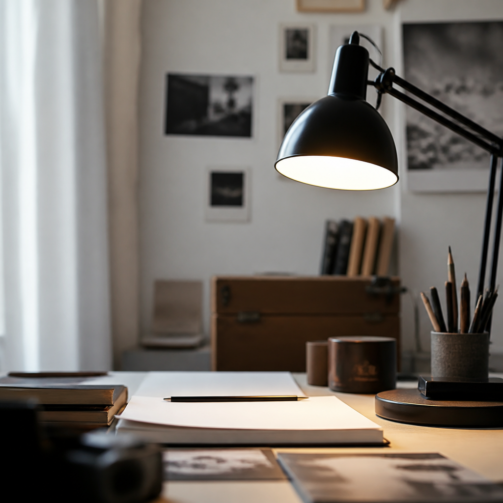 Une lampe de bureau allumée au-dessus d'un clavier et d'une pile d'enveloppes fermées.