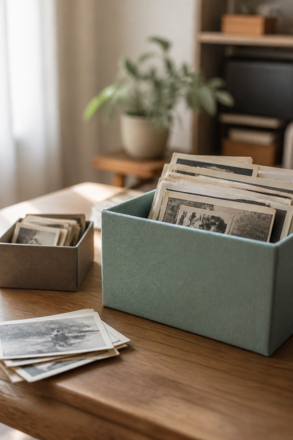 Des boîtes d'archives ouvertes sur une table, remplies de tirages, de diapositives et de bobines de film.