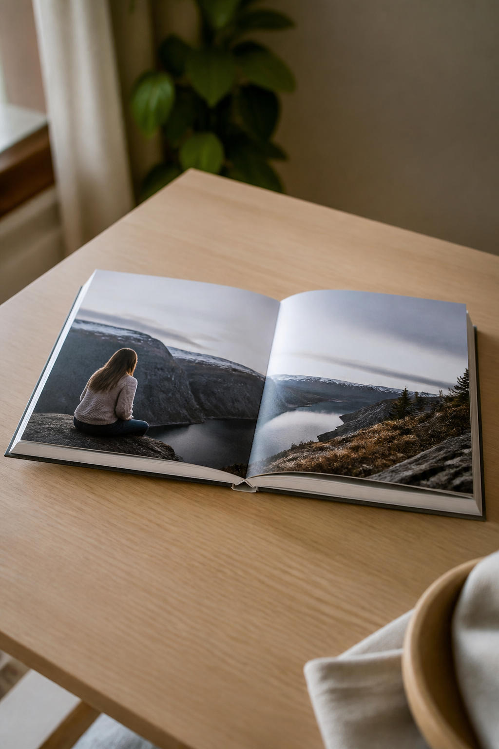Livre photo à couverture rigide ouvert sur une double page panoramique, posé sur une table en bois clair.