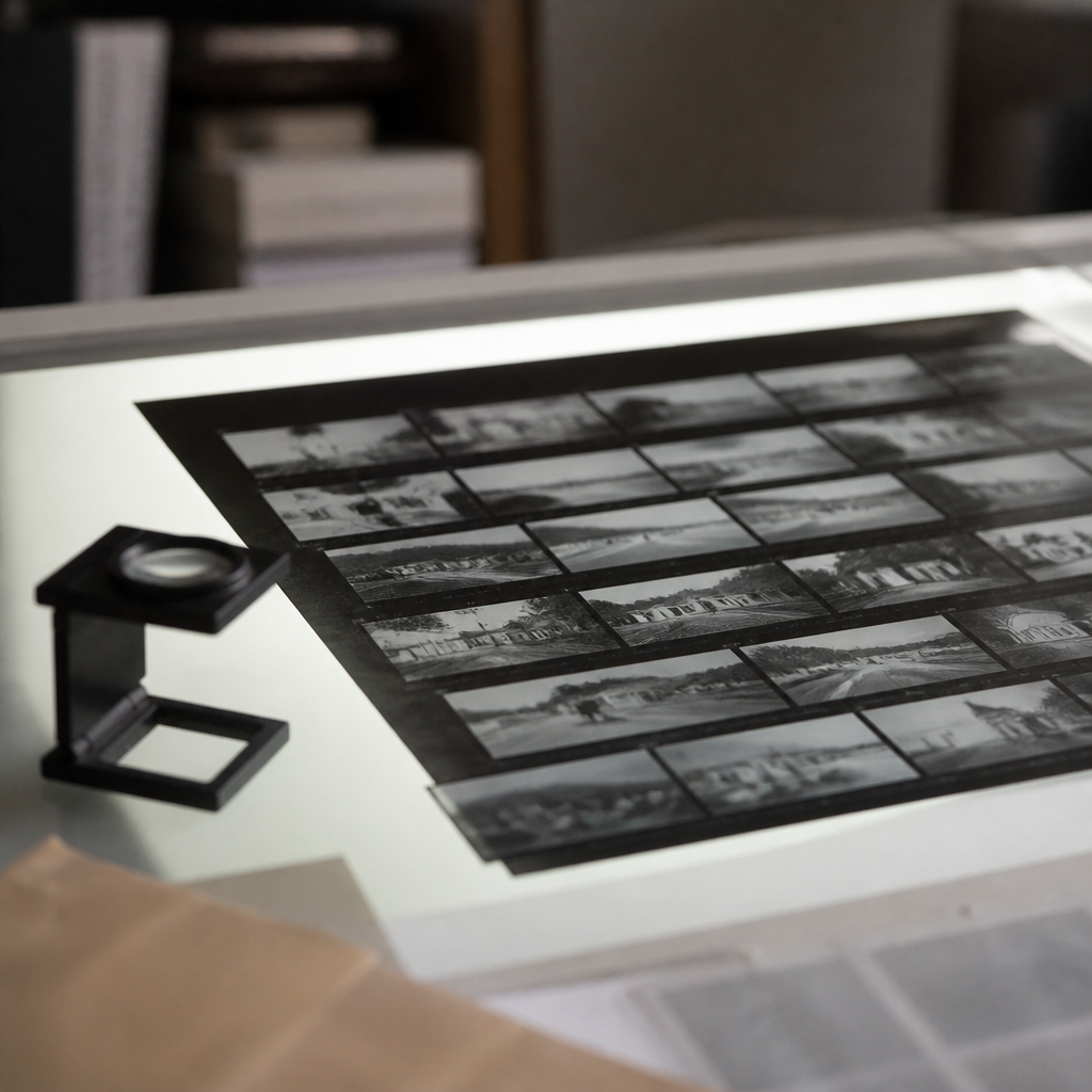 Planche contact argentique noir et blanc posée sur une table lumineuse, une loupe de visée à côté.