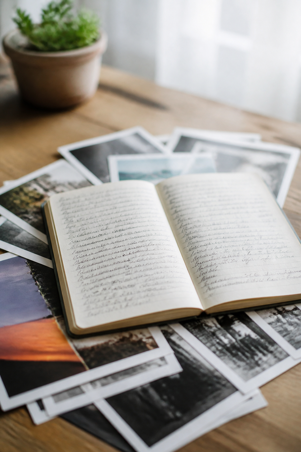 Un carnet ouvert couvert de notes manuscrites, posé sur une pile de tirages photo aux formats variés.