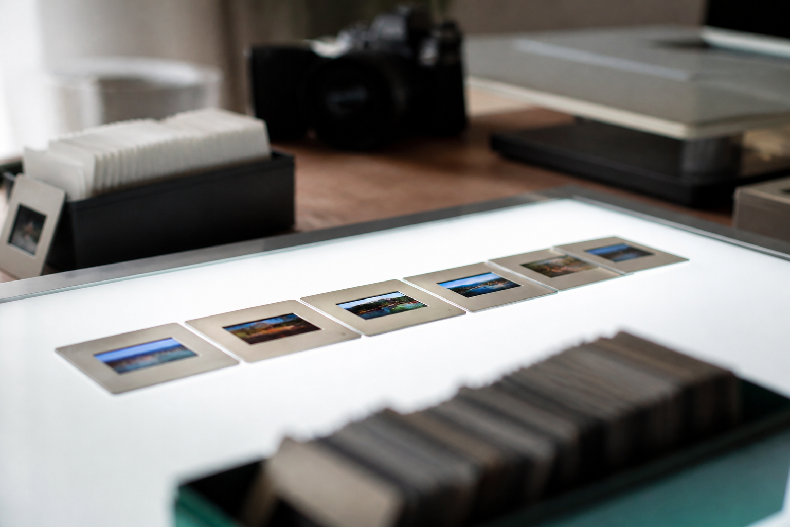 Diapositives sous cache alignées sur une table lumineuse à côté d'un scanner à film et d'une poire soufflante.