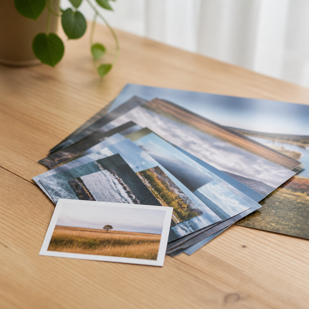 Une série de tirages photo de différents formats étalés en éventail sur une table, dont un 10x15 à bordure blanche.