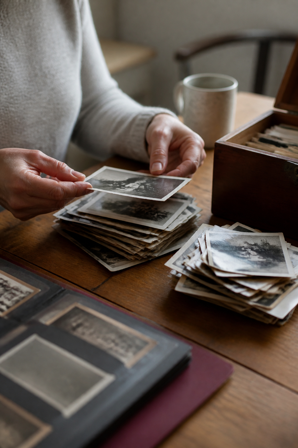 Des mains posent des tirages papier anciens en piles sur une table en bois, à côté d'une boîte à chaussures pleine de photos.