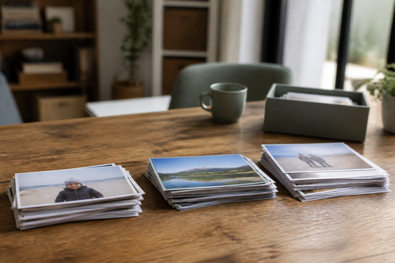 Trois piles de tirages photo posées sur une grande table en bois, à côté d'une boîte à chaussures ouverte.