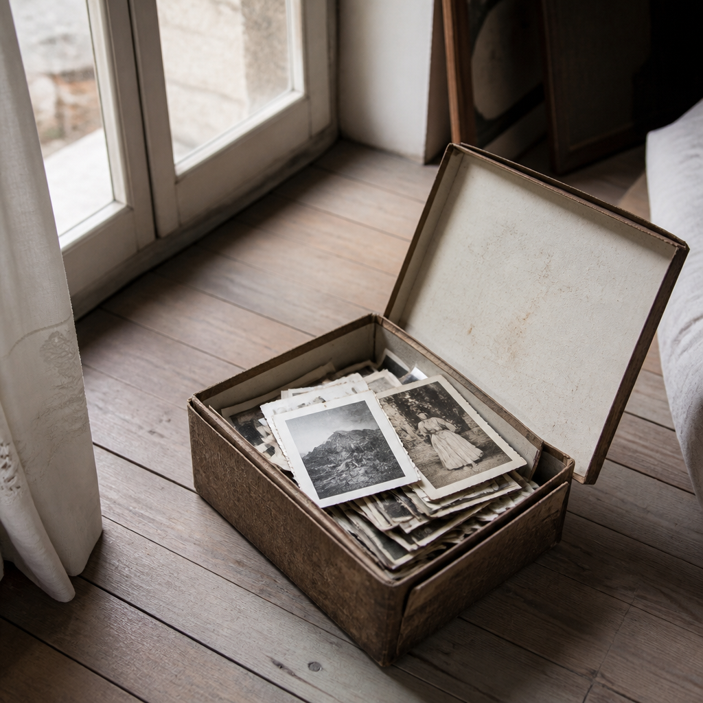 Un carton ancien rempli de photographies en noir et blanc, ouvert sur un plancher en bois près d'une fenêtre.